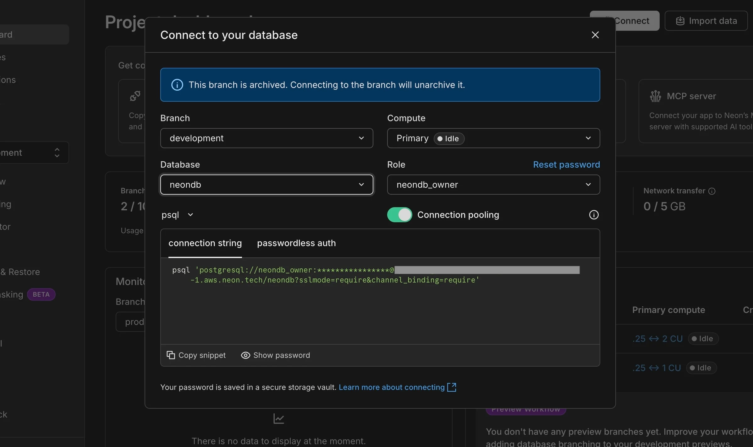 Connect to your Neon database using the connection mode