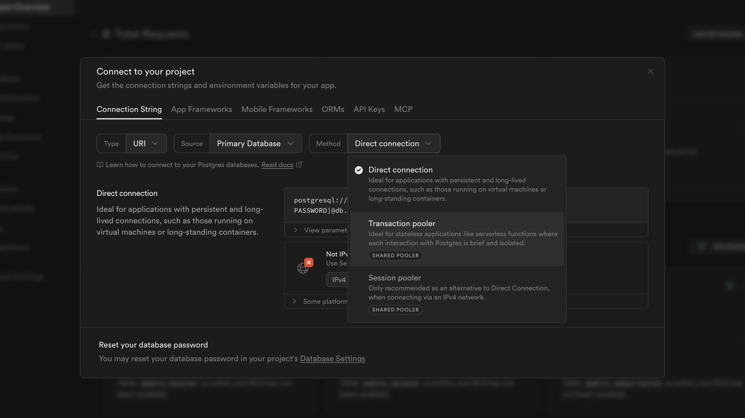 Connect to your Supabase database using the connection mode